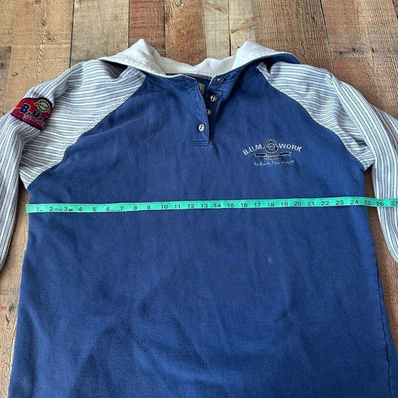 Vintage B.U.M. Equipment Blue Polo Shirt Striped Sleeves Embroidered Logo -L - Picture 7 of 9